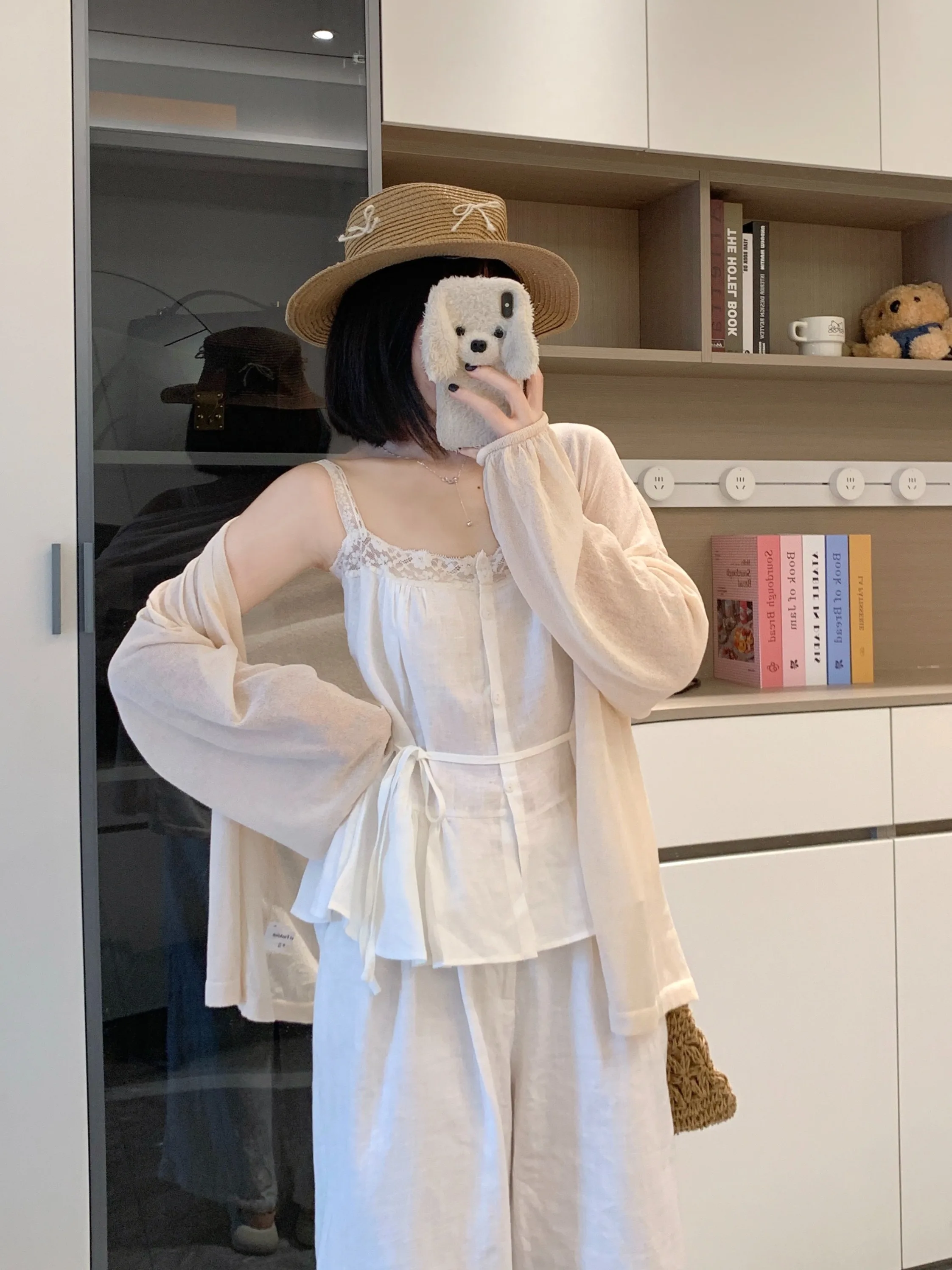 

plus Size Women's Sweet Sle Lace Patchwork Waist Cinched Strap Vest Summer New Sun Protection Open Cardigan Top Two-Piece Set