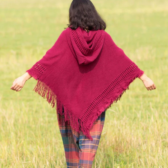 Spring Autumn New Women Winter Knit Hooded Poncho Cape Crochet Fringed Tassel Shawl Wrap Sweater Even Hat Girls Keep Warm Red