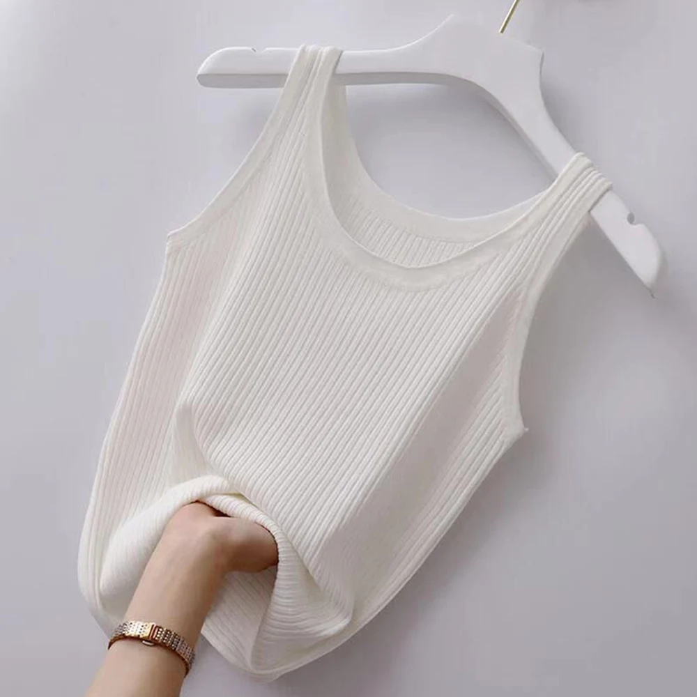 Women's Clothing Tanks For Female Ice Silk Camisole With Solid Knit Bottoming Shirt Sleeveless T-shirt Summer Inner Wear Soft