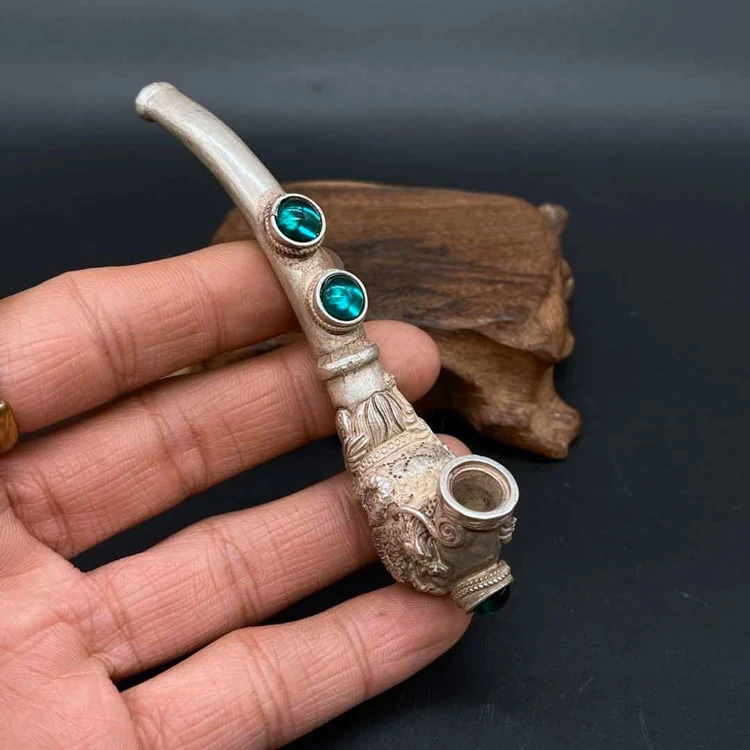 

Exquisite Chinese Old Antiques Handmade White Copper Dragon Smoking Pipe