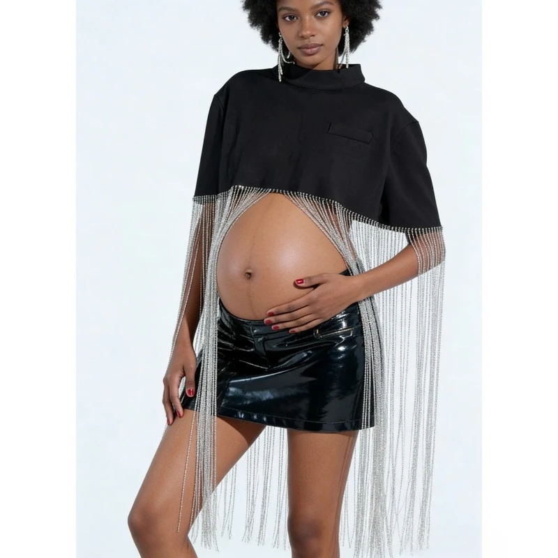 

Элегантное платье-кардиган для беременных - туника с бахромой и пэчворком для повседневной носки, вечеринок и фотосессий, свободный крой. Фото-образ для фотосессии