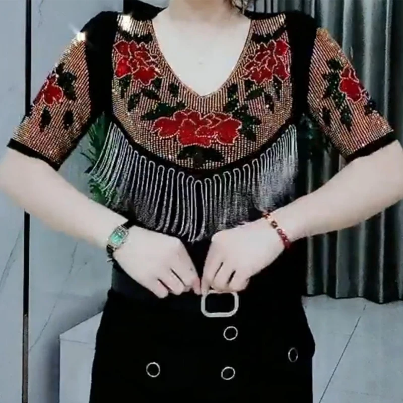 

Beading Floral T Shirt Women Pullovers 2025 Summer Clothes For Women Tees Top Short Sleeve Tassels Women's T-shirt
