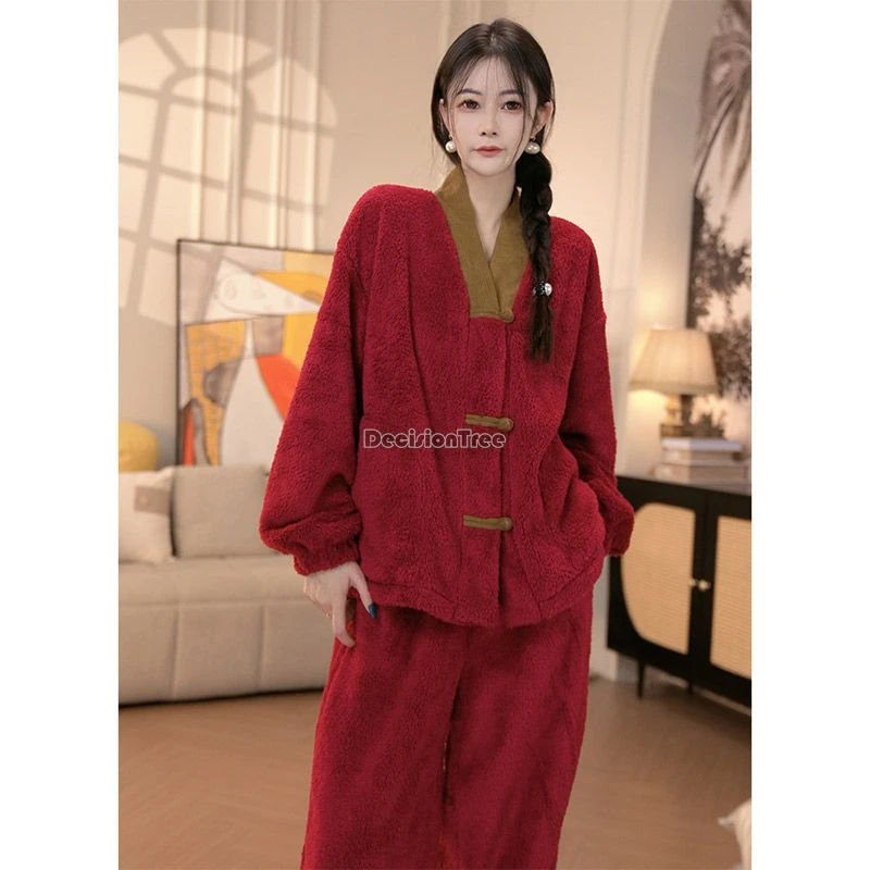 

2025 winter improved chinese improved ancient women pajamas set thickened pajama warm long sleeve top long pantshome wear set