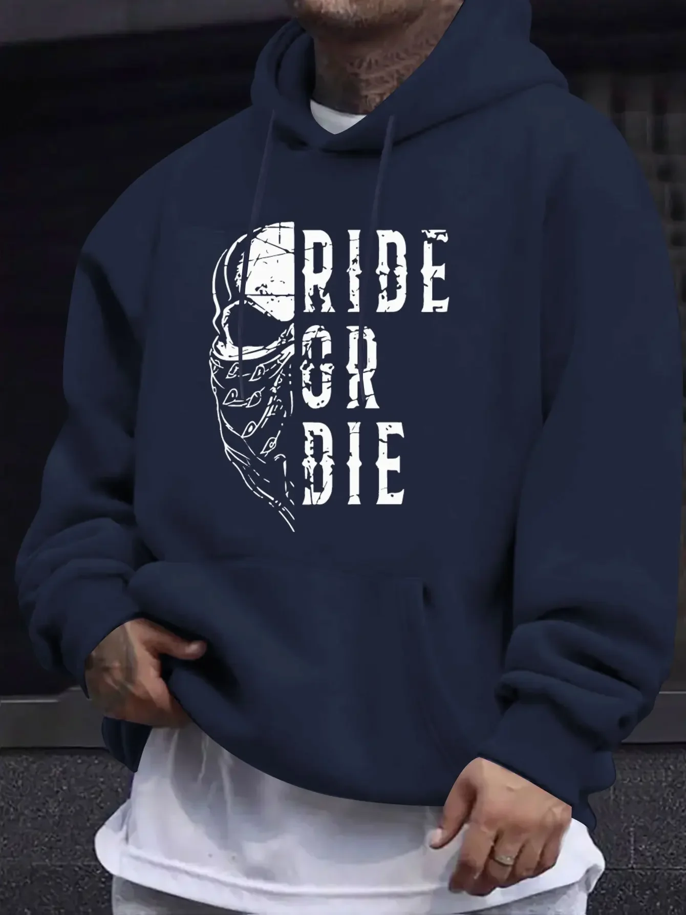 Men’s Motorcycle Ride Or Die Biker Skull Graphic Hoodie Grunge Streetwear Front Print Loose Pullover Autumn Winter Fleece