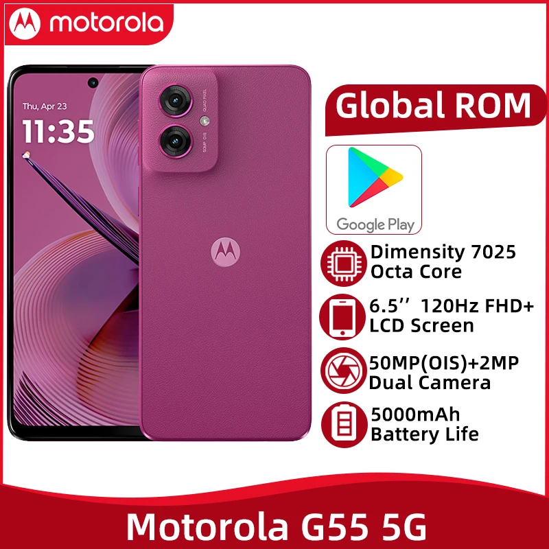 Motorola Moto G55 5G Smartphone Dimensity 7025 Octa Core 6.5'' 120Hz FHD+ Screen 50MP Dual OIS Camera 5000mAh Battery