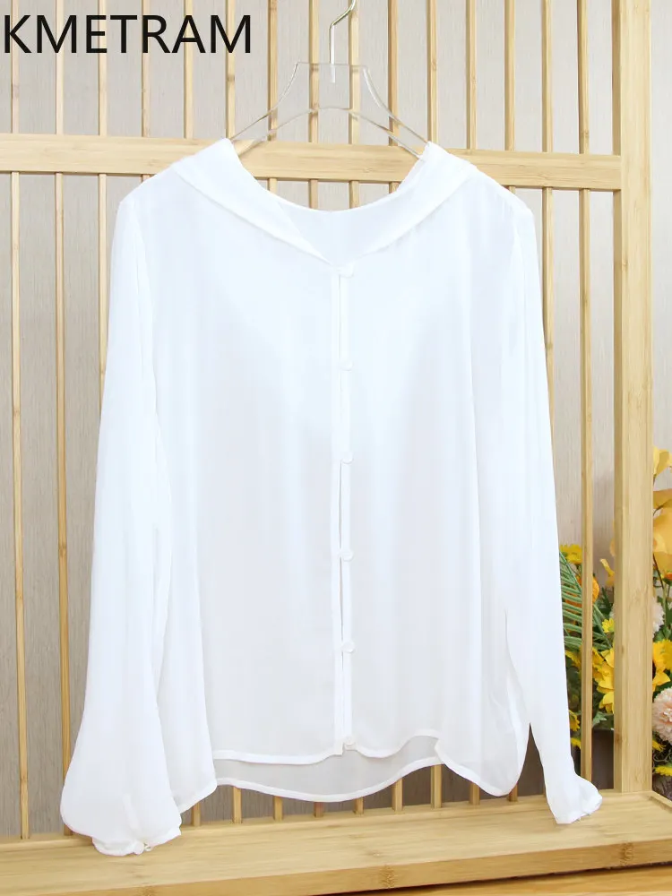 KMETRAM 100% Real Mulberry Silk Tops for Women 2026 Summer Breathable Light Hooded Sun Protection Top Female Clothing Ropa Mujer