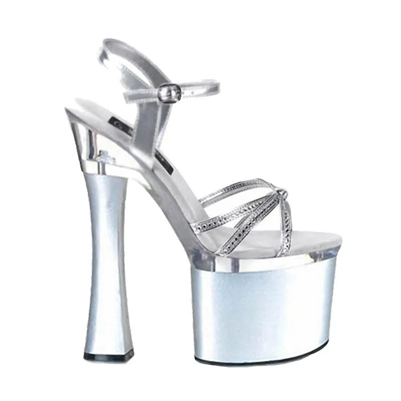 

Comfortable 7 inch platform shoes, sexy silver shiny high heels, 18cm model banquet stage heels, sandals