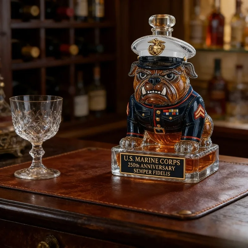 Patriotic U.S. Marine Corps Bulldog Decanter, Ideal 250th Anniversary Gift for Veterans