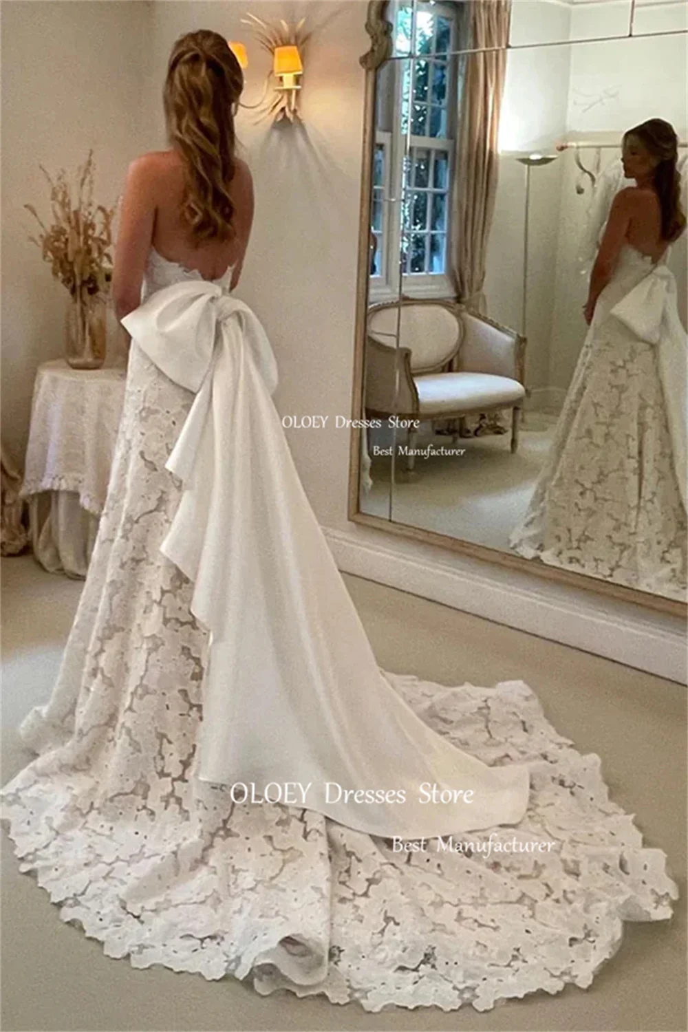 OLOEY Exquisite Lace Strapless Wedding Dresses Bow Back A-Line Floor Length Bridal Gowns Ivory Vestido De Noiva Custom Made