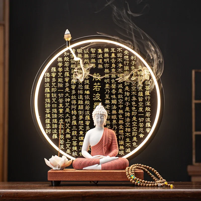 

Просвещенная курильница Будды с обратным потоком, керамическая скульптура с сакральной мантрой, Halo, декор для дзен-медитации, алтарь для гостиной