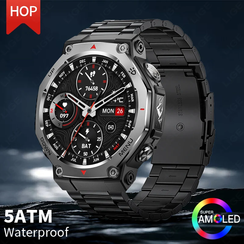 

LIGE NEW Smart Watch Men IPX8 5ATM Waterproof Health Monitor Smart Watches 1.43'' AMOLED Bracelet 525mAh Big Battery LED Light