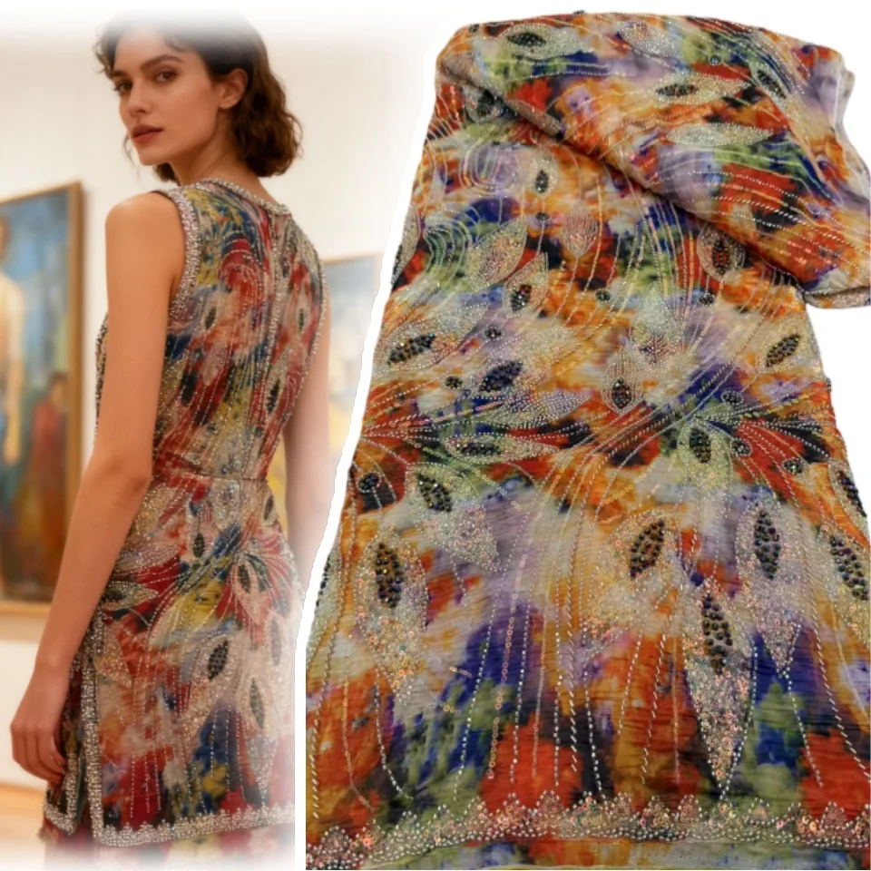 

African Luxury Beaded Sequined Lace Fabric 2026 High-Quality Nigerian Lace Fabric for Women's Party Dresses Sewing 5 Yards 1873