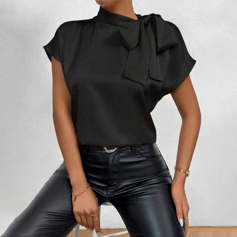 Satin Shirt Women's 2025 Summer Short-sleeved Bow Top Women's Clothing
