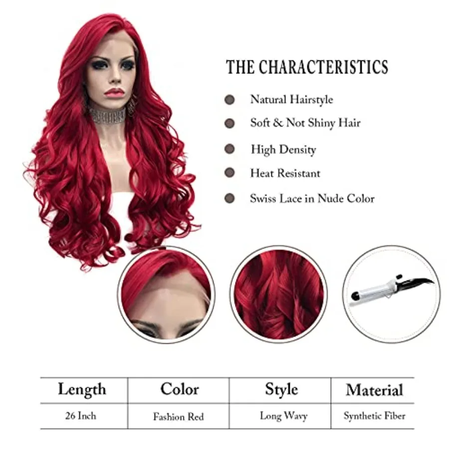 شعر مستعار صناعي طويل مموج بدانتيل أمامي أحمر للنساء مع خط شعر طبيعي مثالي للحفلات التنكرية ومناسبات الهالوين #4