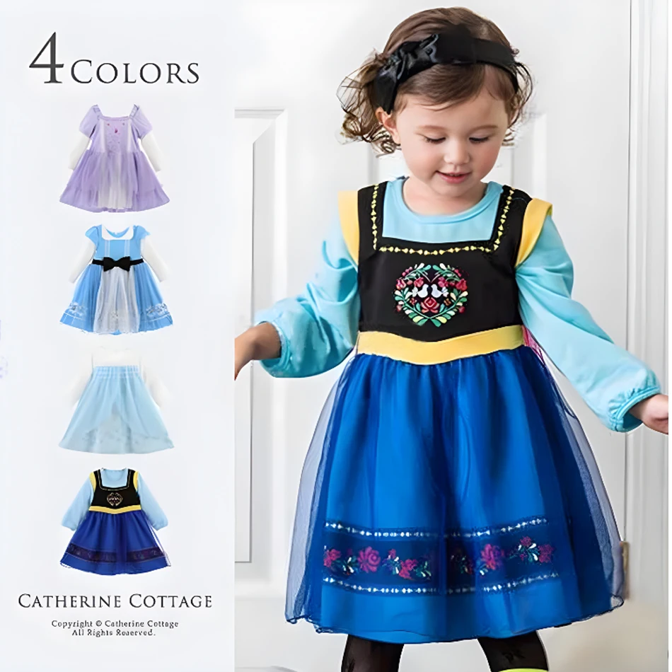 Casual Dresses for Girls Princess Ice and Snow Anna Alice Print Mesh Dress Girls Clothes Halloween Costumes Wholesale