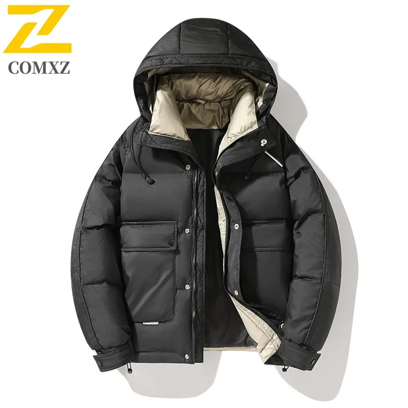 COMXZ Men Down Short Jacket Hooded Collar Commute Office Lightweight Puffer Coat Trendy Travel Cold Protection Warm Winter Coat