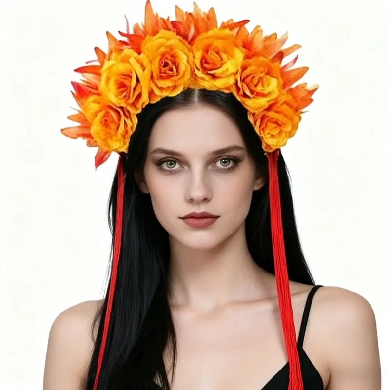 

Sugar Skull Floral Headband - Double-Sided Mexican Ribbon Crown -Mexican Day of the Dead Headband- Halloween Party Hairpiece