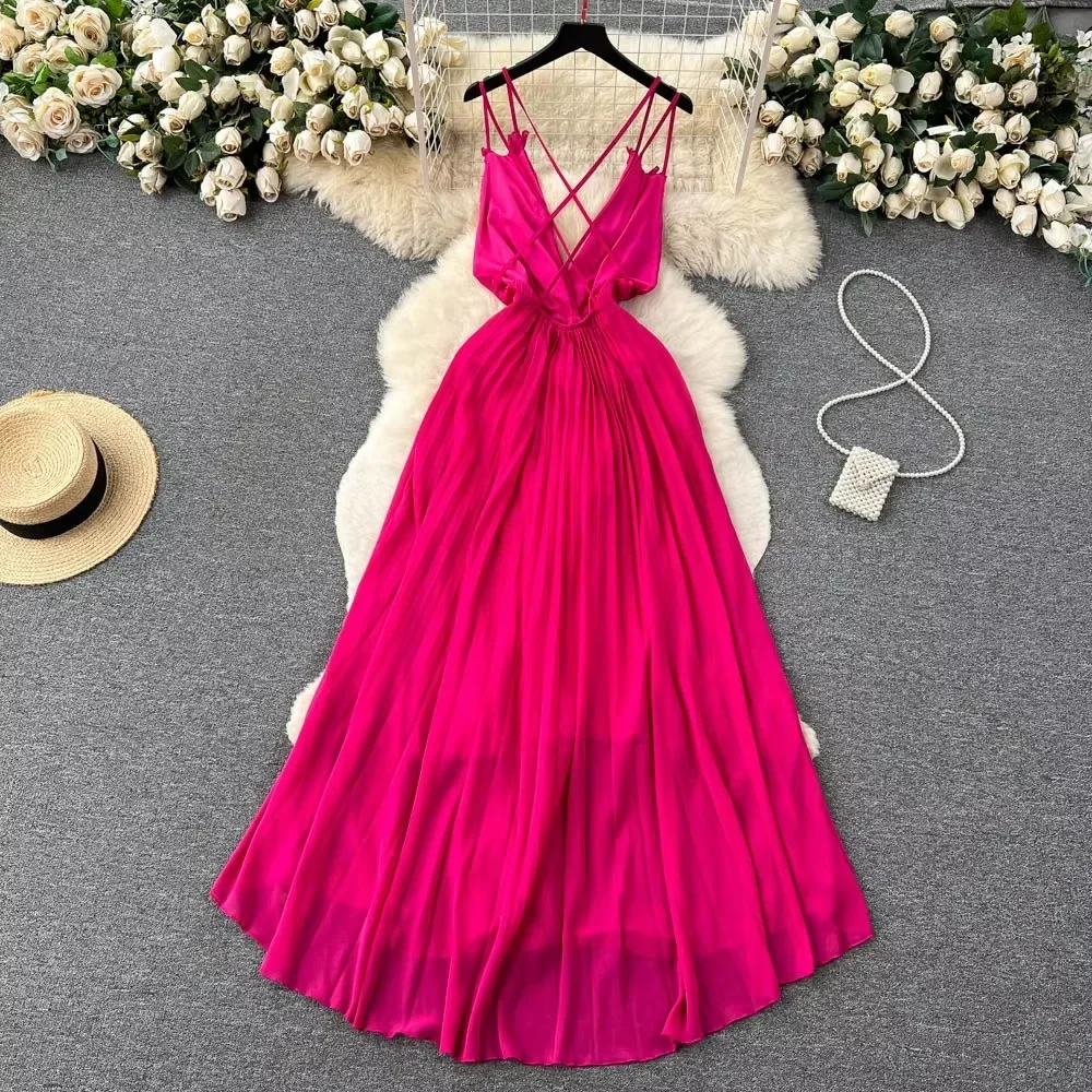 Sexy Halter Backless Pleated Dress Retro A-line Chic Deep V-neck Casual Beach Vacation Slip Dress Women Summer Vestidos