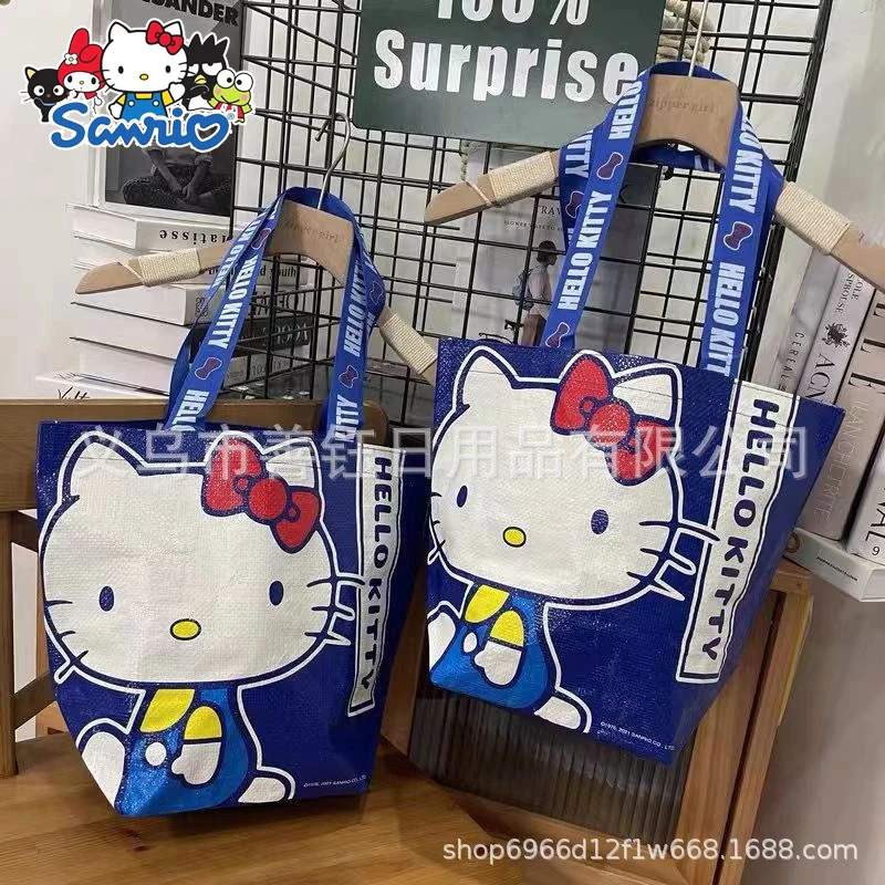 

Sanrio Cartoon Hello Kitty Printed Nylon Shopping Bag Kawaii Blue Sturdy Eco-friendly Hand-woven One Shoulder Bag Girls Gift