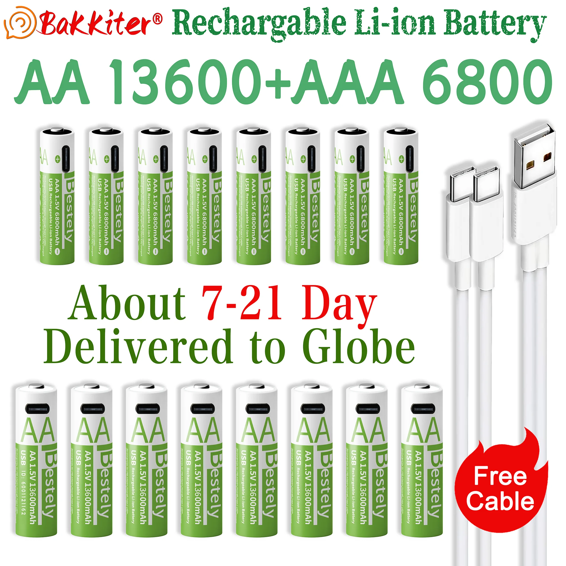 

BaKKiter 1.5V AAA 6800mAh/ AA 13600mAh Rechargeable Lithium-ion Batteries Fast Charging Li-ion Battery 2000 Cycles /USB-C Cables
