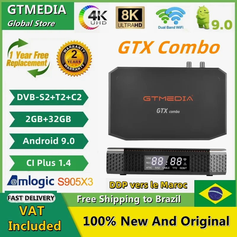 Newest 2023 GTMEDIA GTX COMBO 4K 8K UHD Android 9.0 Satellite Receiver,DVB-S2/T2/C 2G+32G,support m3u CAM protocol and CA cards