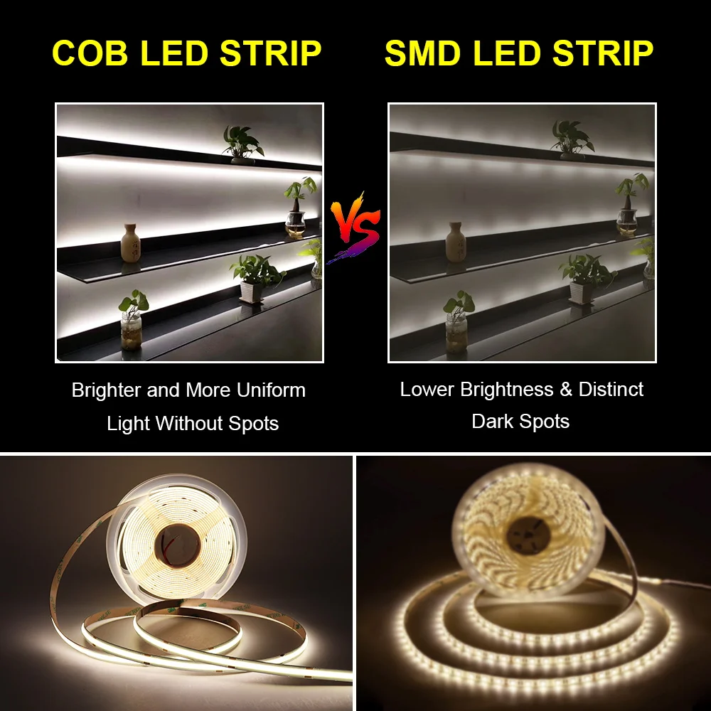 COB LED Strips 320LEDs/m 480LEDs/m Single Color LED Light 3000-6000K for Bedroom RA90 Led Lights DC12V 24V