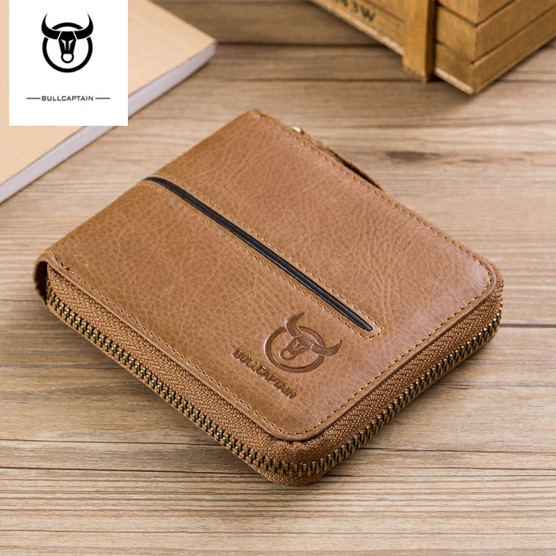 Bullcaptain Genuine Leather Men Short Wallet Casual Men's Coin Purse Vintage Male Zipper Card Holder Luxury Money Bags JYB022