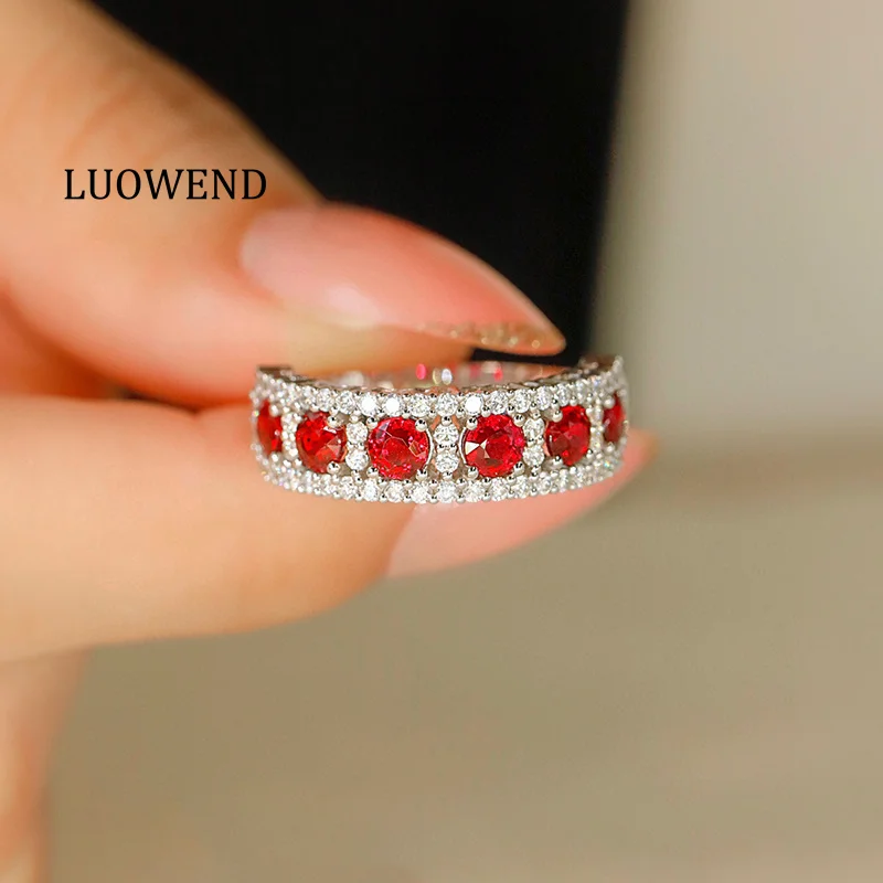 LUOWEND 100% 18K White Gold Rings Luxury Diamond Jewelry Natural Ruby Ring for Women Classic Design High Wedding Jewelry