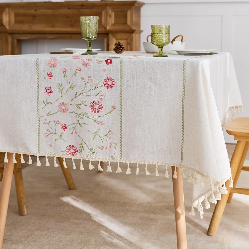 

Cotton Linen Embroidered Tablecloth with Small Red Flowers Trendy Fabric Tablecloth Instagram. Elegant Fringe Coffee Table Cloth