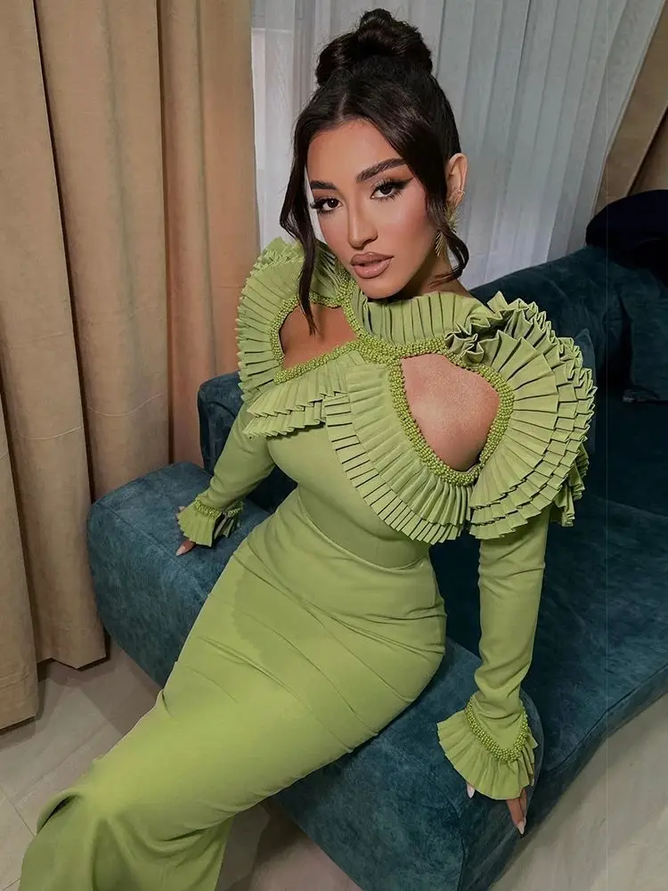 Ailigou 2024 New Women\'s Evening Dress Mermaid Green Sexy Hollow Ruffle Edge Pleated Long Zipper Back Robe Party Dress