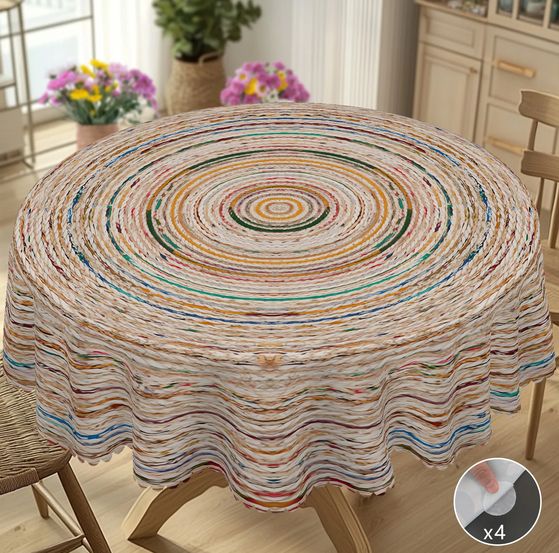 1 pieza de mantel con diseño bohemio tejido en formas redondas y rectangulares, disponible en varios tamaños, con anillos de colores vibrantes entrelazados con una base natural de color blanco mate, con un mantel estampado con textura de papel tejido, bordes en relieve, adecuado para comedores domésticos, picnics en el jardín y como artículo de decoración para el hogar en todas las estaciones, decoración de estilo bohemio.