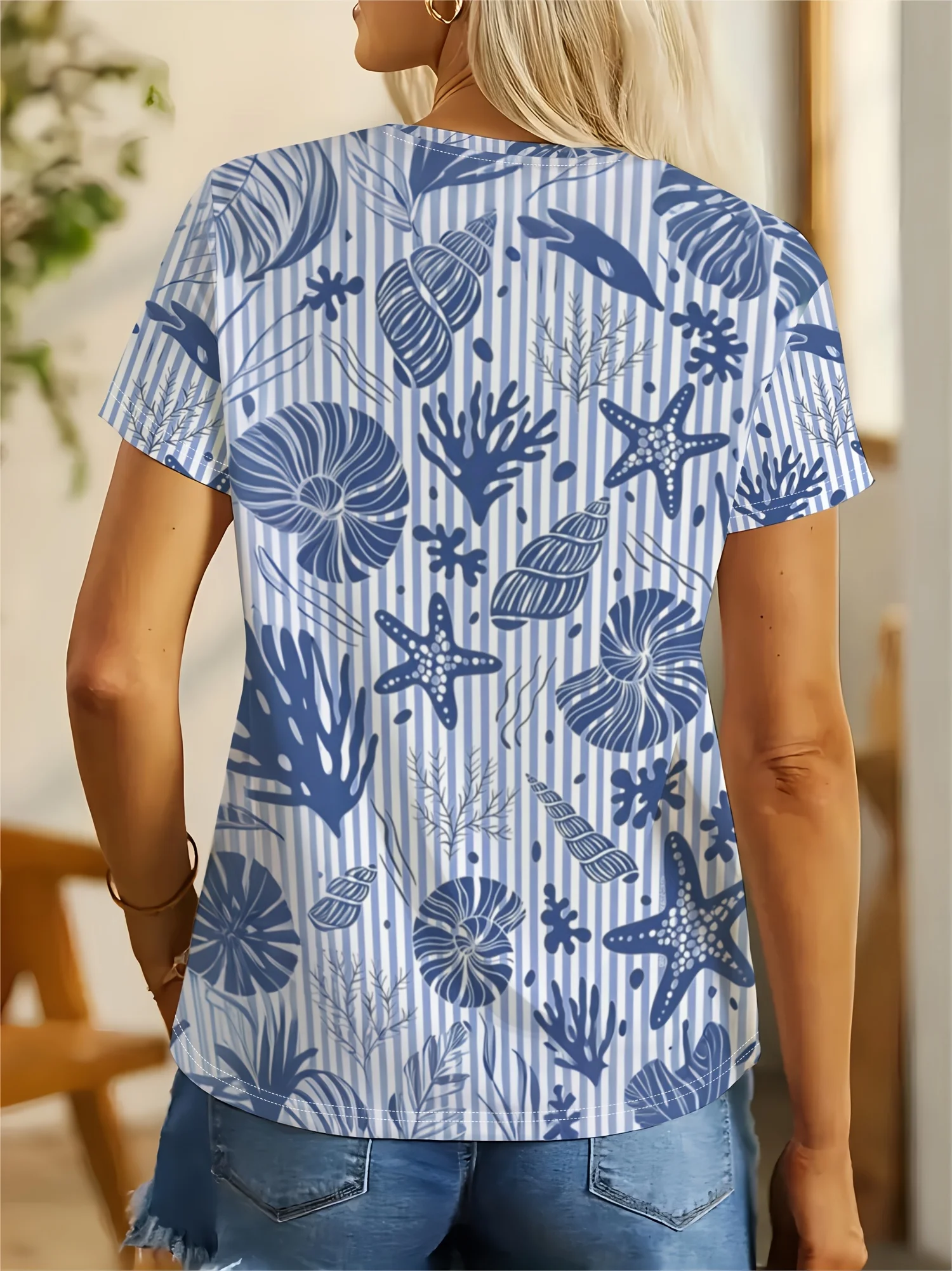 Women Crew Neck Short Sleeve T-shirt Striped Ocean Starfish Seashell Coral Print Casual Beach Summer Daily Top
