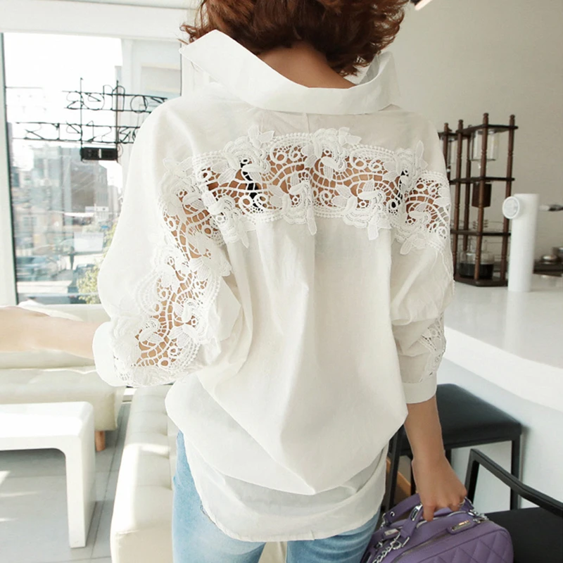 

Fashion Elegant Women Tops Shirt Autumn Backless Sexy Hollow Out Lace Blouse Ladies Casual Loose Office White Blouse Women 1310