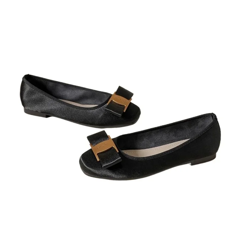 Zapatos planos con punta cuadrada para mujer, calzado informal de suela blanda, decoración de Metal, pajarita, sin cordones, para uso diario y al aire libre, gran oferta de verano 2025