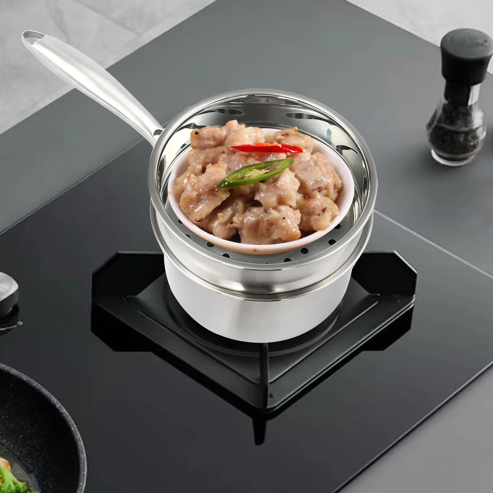 

18cm Double Layer Steamer Pot, Stainless Steel Saucepan with Lid & Steamer Insert, Multi-Purpose Cooking Pot, Modern Kitchenware