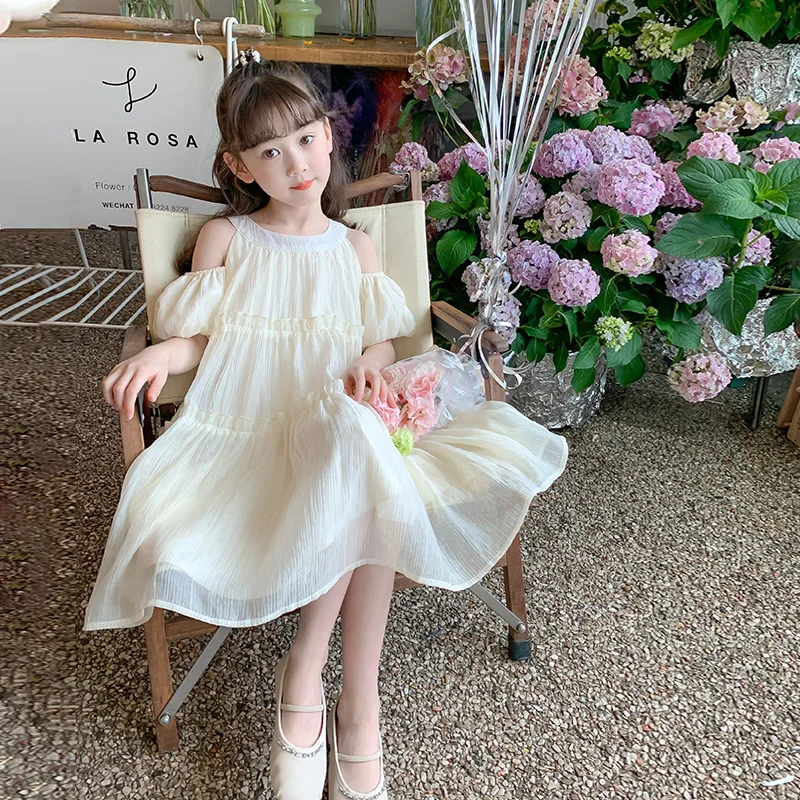 Puffy Sleeves Bare Shoulders Wrinkle Fabric Chiffon Solid Color Kids Dresses for Girls  Party Dress for Kids Girl  Summer Dress