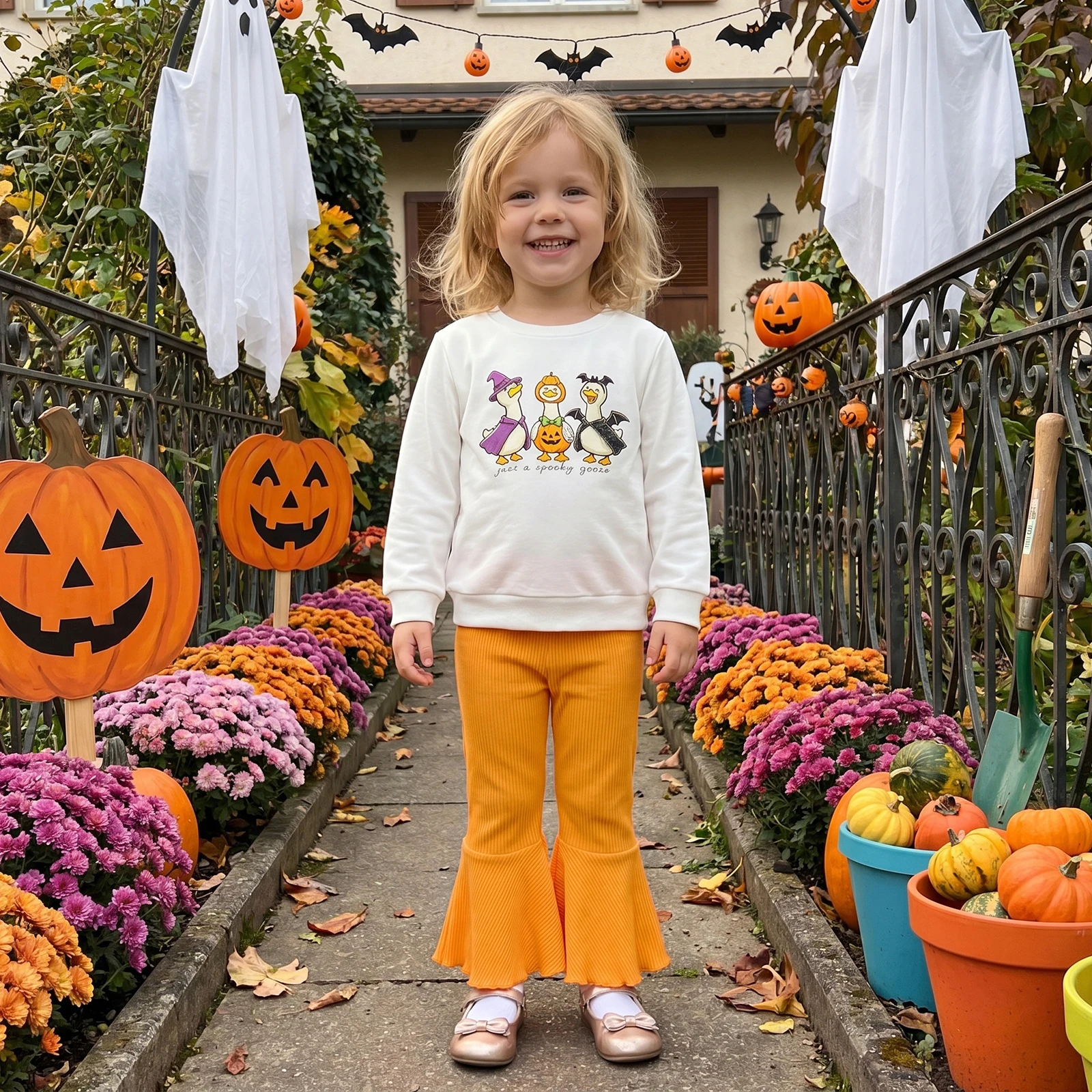 Toddler Girls Halloween Outfits Adorable Goose Letter Print Long Sleeve Crew Neck Tops and Elastic Waist Flared Pants Set