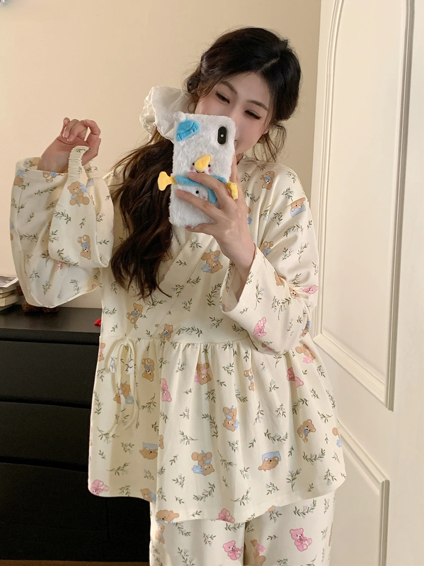 胸パッド付きマタニティパジャマ夏産前産後女性妊婦ホーム服春秋授乳ネクタイ