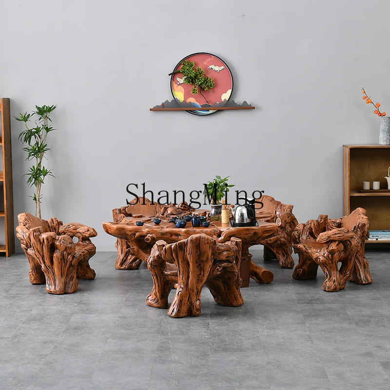 CLOutdoor Zen Tea Table Imitation Wood Root Carving Tea Table and Chair Set Tea Set Integrated Home Balcony  Brewing Table