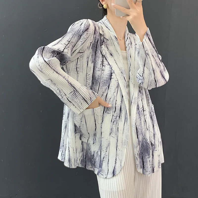 

Miyake плиссированный осенний новый костюм 202, плиссированная куртка с принтом, модный темпераментный кардиган в западном стиле для женщин, поездок на работу