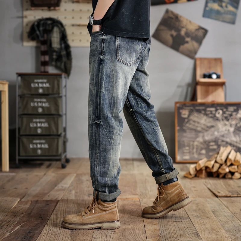 28-48Size Fat Jeans Men's Loose Straight Washed All-Match Fashion Street Retro Distressed plus-Sized Men's Pants