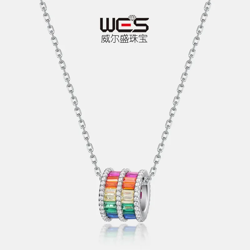 Rainbow Moissanite Necklace for Women 18K Gold Ring Inlaid with Colored Baby Stones PT950 Platinum Fashion Clavicle Chain