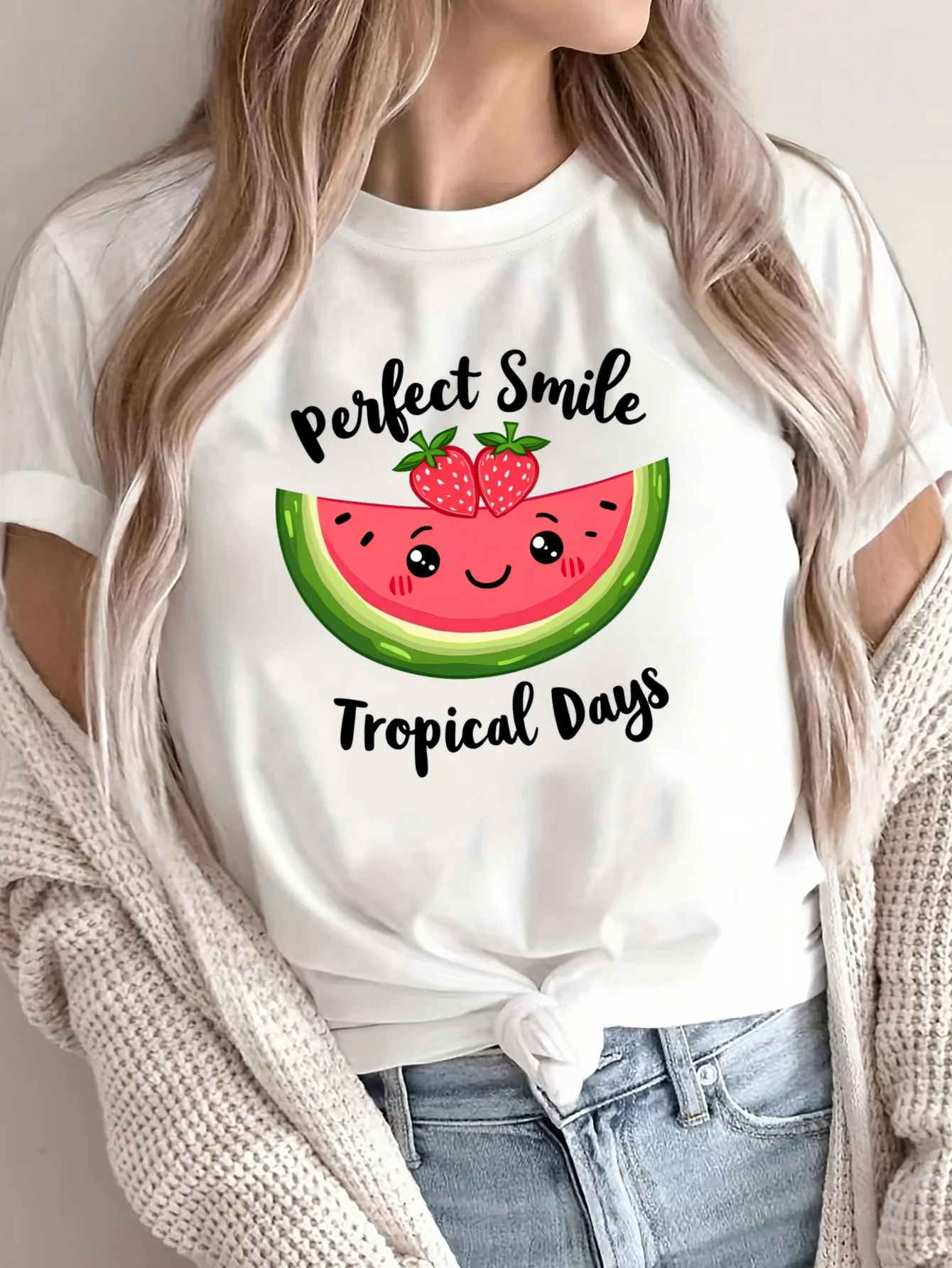 Casual Short Sleeved Shirt with Fun Watermelon and Tropical Fruit Pattern Printed T-shirt Round Neck Casual Top for Daily Wear
