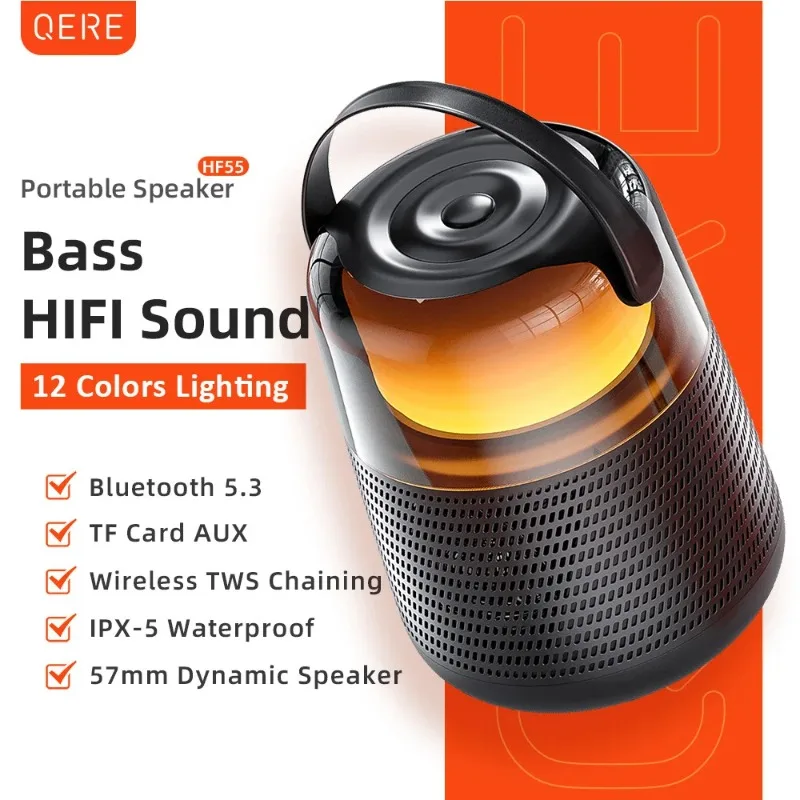 

QERE HF55 Mini Portable Wireless Speaker Outdoor Subwoofer With Led Flashing Colorful Metal Bass Speaker