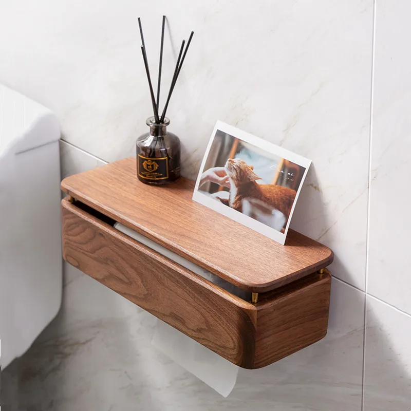 

Wooden Tissue Box Wall Hanging Free Punch Black Walnut Bathroom Shelf Household Pumping Paper Towel Holder Accessories