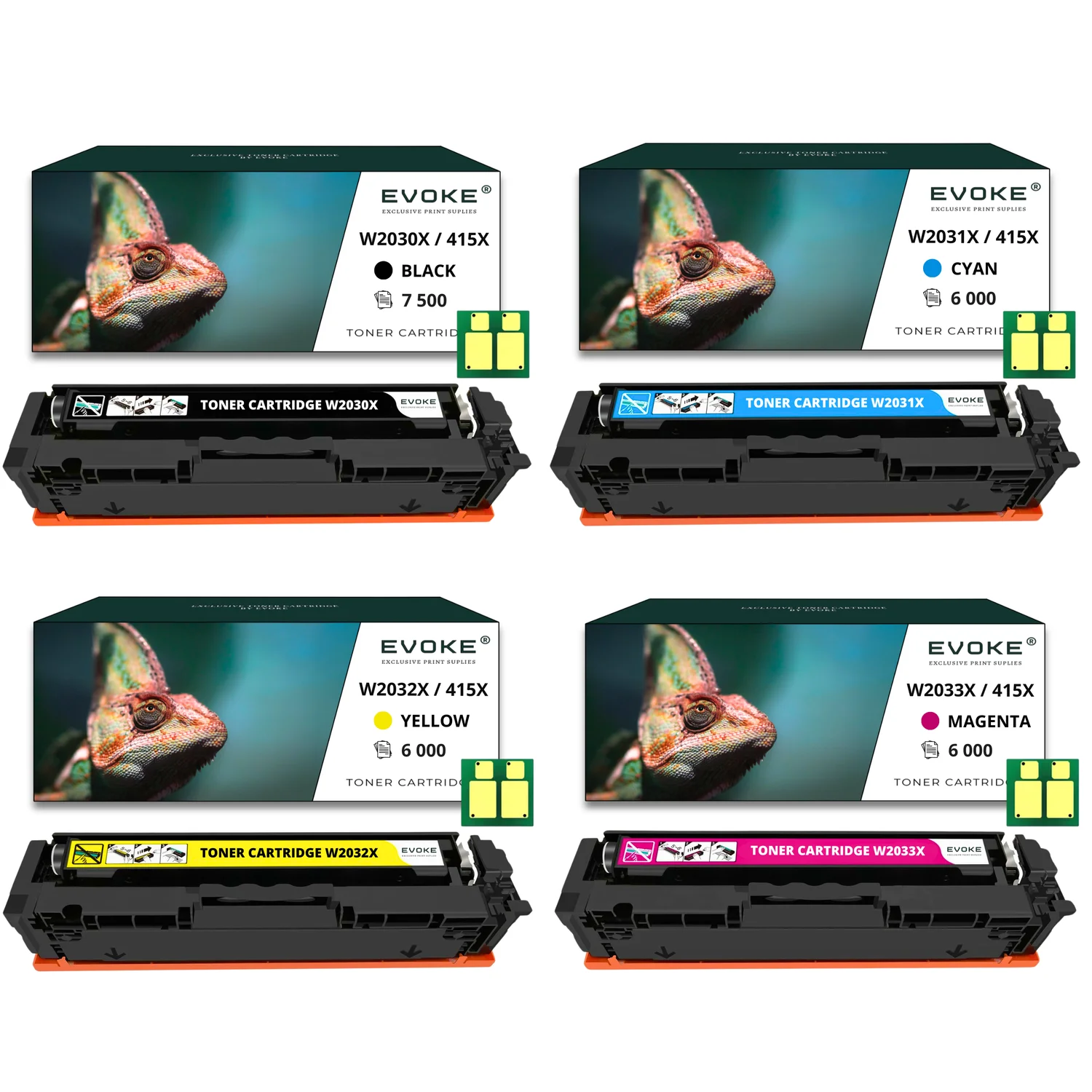 Evoke compatibele toner voor HP 415X W2030X W2031X W2032X W2033X met 4X chip CMYK: Zwart, Cyaan, Geel, Magenta 25500 pagina's Kleur Laserjet Pro M454Dn M454Dw; Mfp M479Dn M479Dw M479Fdn M479Fdw