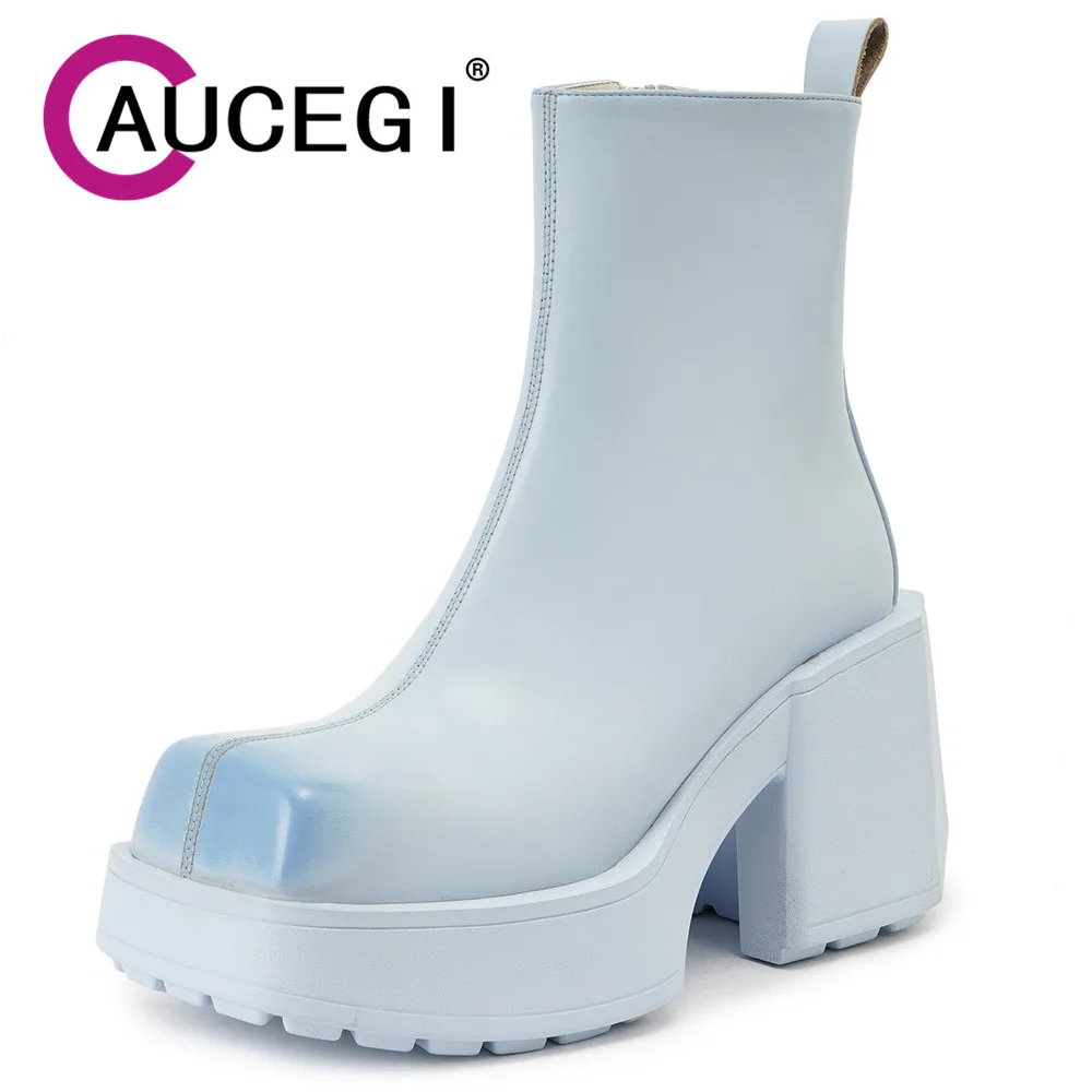 

Aucegi New Genuine Leather Side Zipper Platform Thick High Heels Ankle Boots Blue Beige Autumn Winter Women Fashion Shoes