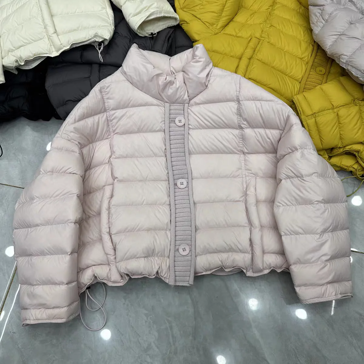 

Winter Knitted Splicing Stand Collar Down Jacket Women White Duck Down Parker Outwears Female Single Breasted Drawstring Jackets