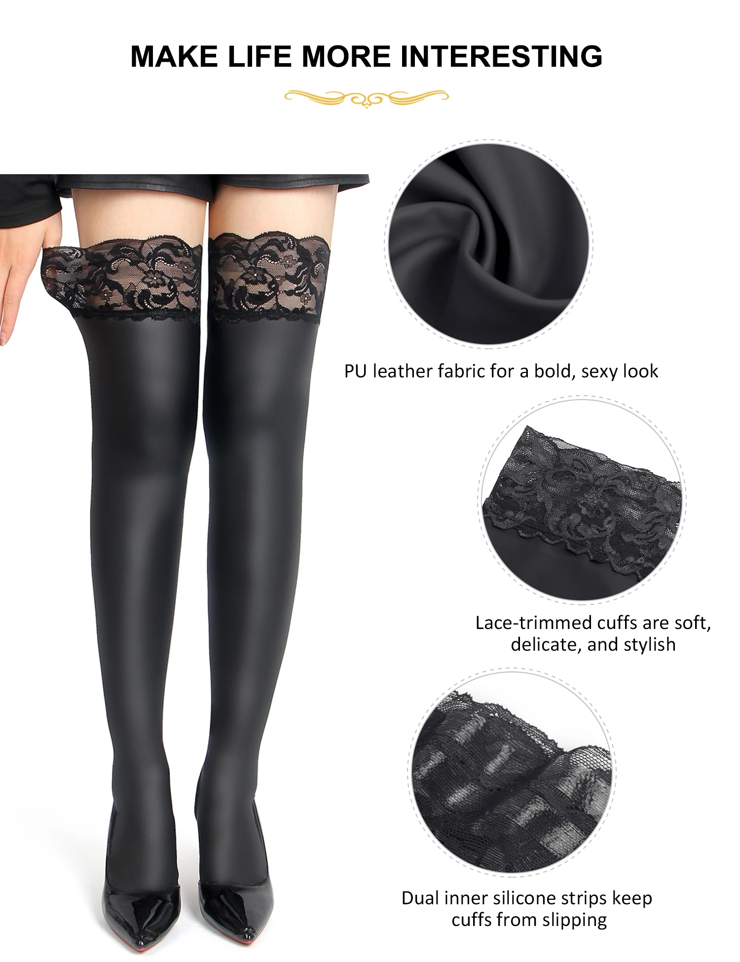 Comeondear Faux Leather Stockings Sexy With Lace Trim Silicone Women Thigh High Stockings Plus Size 5XL Anti Skid Mens Pantyhose image 5