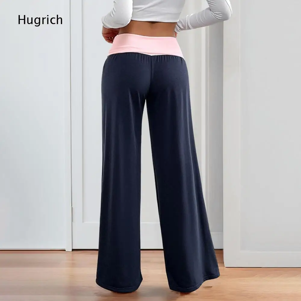 Lightweight Stretch Flowy Wide Leg Trousers Fold Over Pink Waist High Rise Loose Long Pants Suitable For Home Fitness Daily Wear